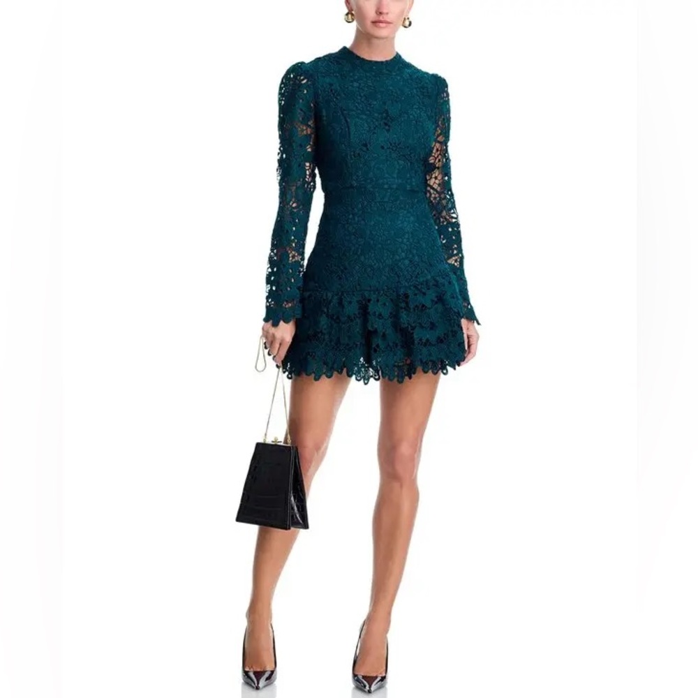 NWT AQUA Bloomingdale’s Green Lace Long Sleeve Flounce Mini Dress XXS